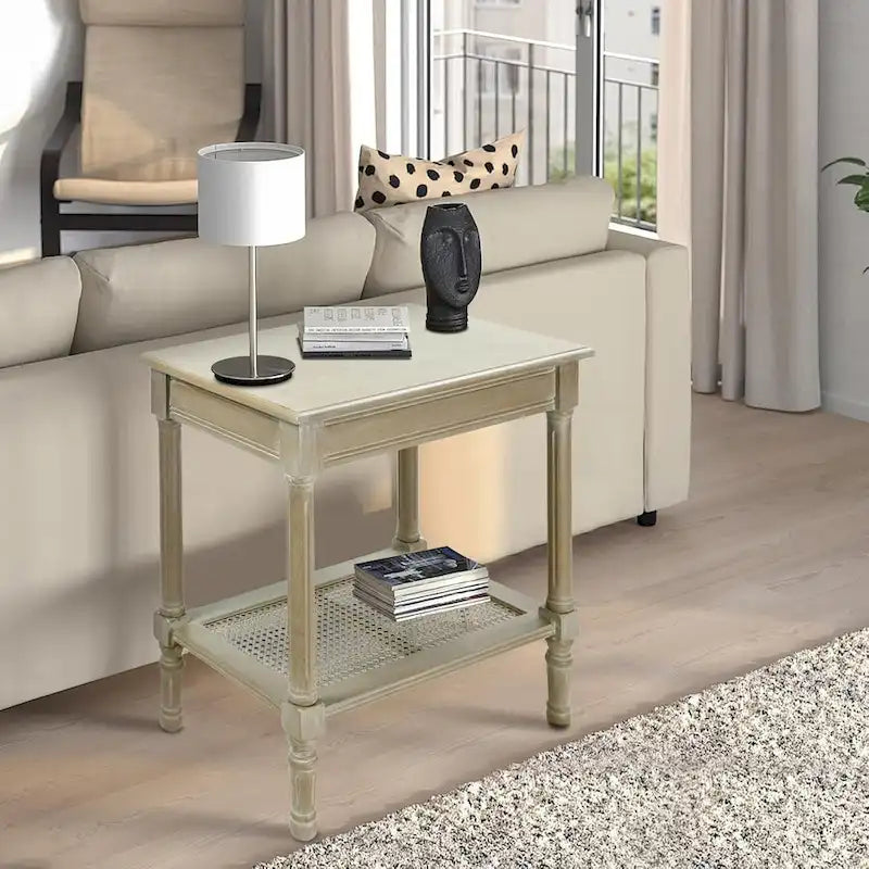 Solid Wood Side Table with Lower Storage Shelf