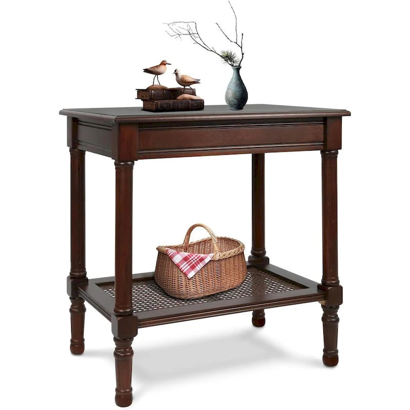 Solid Wood Side Table with Lower Storage Shelf