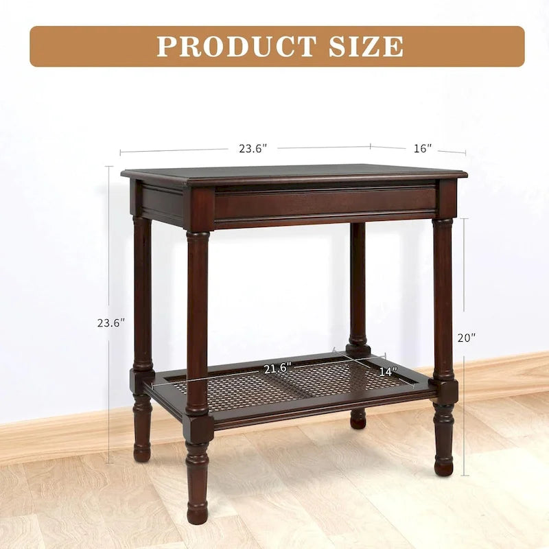 Solid Wood Side Table with Lower Storage Shelf