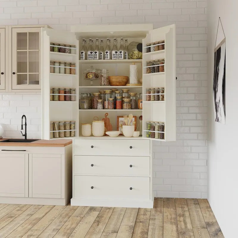 Dispensa da cucina in stile rustico da 77 pollici con ripiani regolabili e 3 cassetti