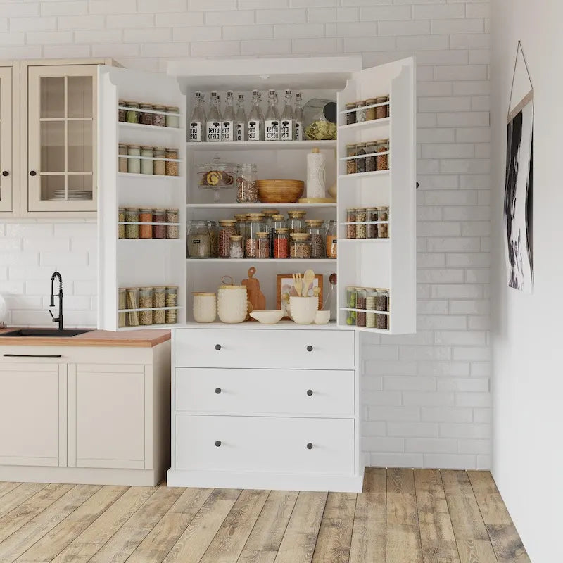 77-Inch Farmhouse Kitchen Pantry with Adjustable Shelves and 3 Drawers