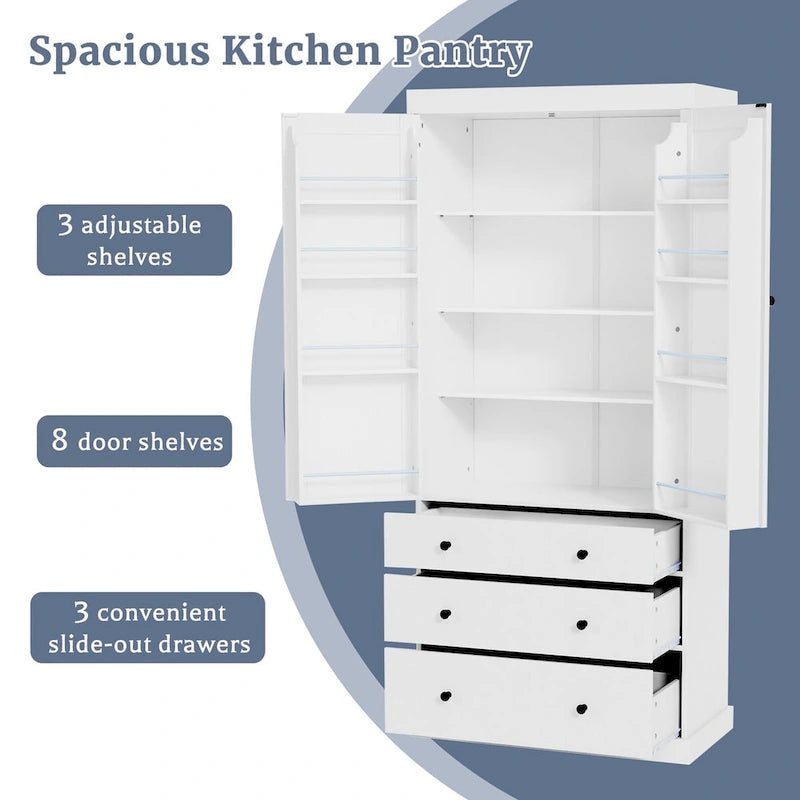 77-Inch Farmhouse Kitchen Pantry with Adjustable Shelves and 3 Drawers