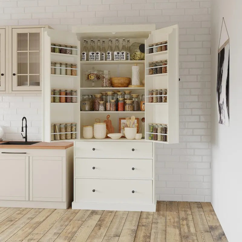 Dispensa da cucina in stile rustico da 77 pollici con ripiani regolabili e 3 cassetti