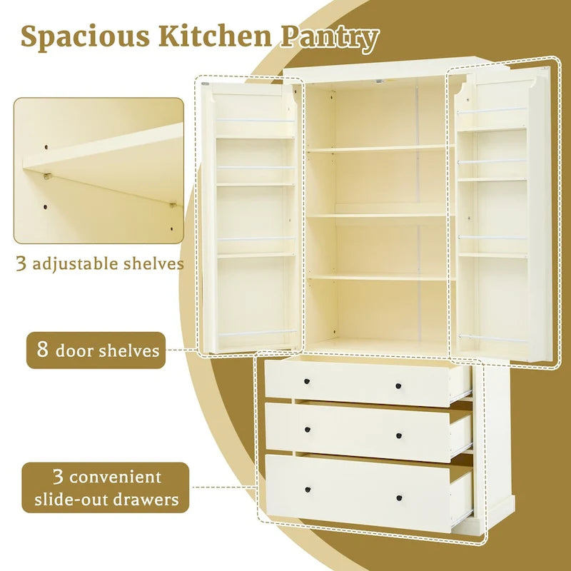 Dispensa da cucina in stile rustico da 77 pollici con ripiani regolabili e 3 cassetti