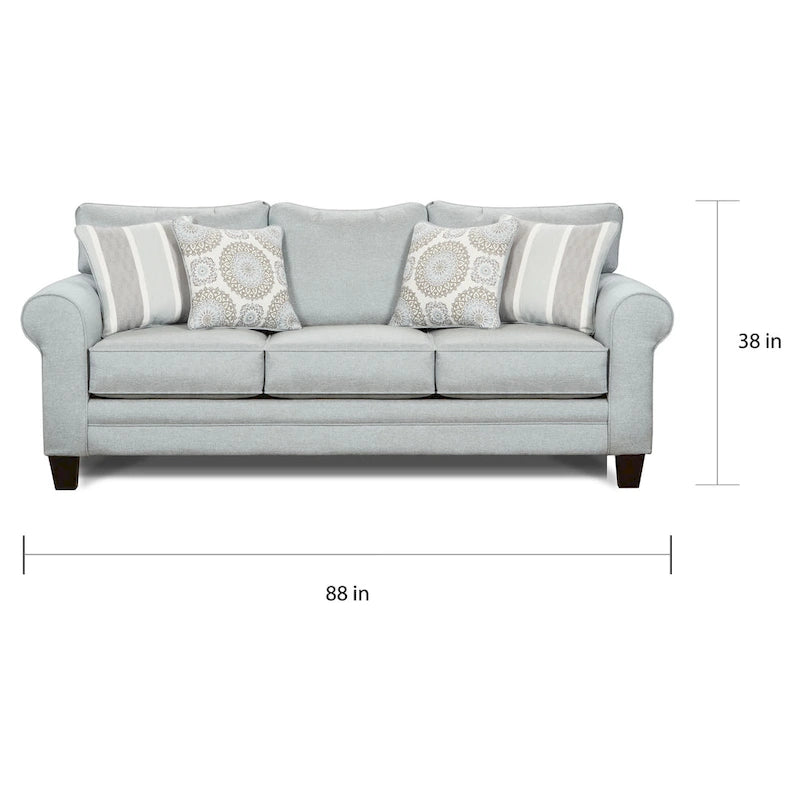 88-Inch Light Blue-Grey Sofa with Rounded Arms and Reversible Cushions