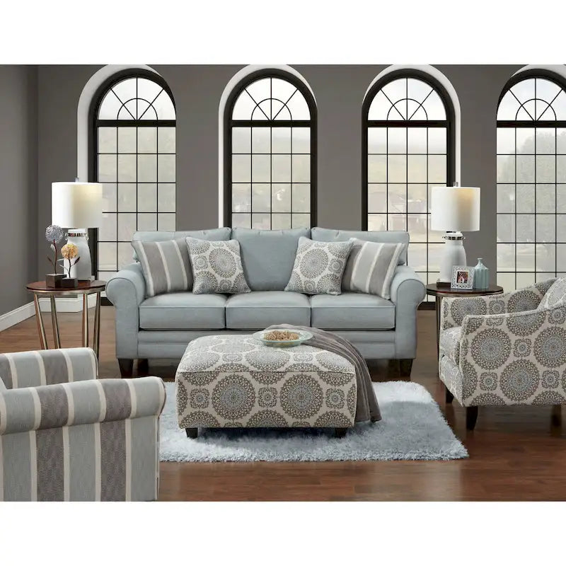 224 cm breites hellblau-graues Sofa mit abgerundeten Armlehnen und wendbaren Sitzkissen