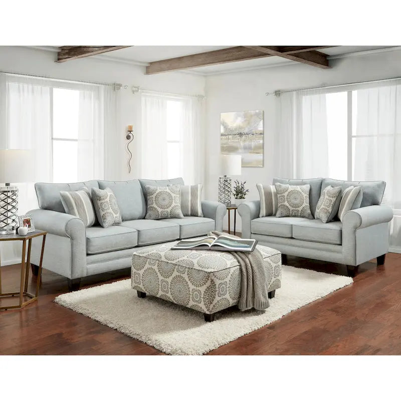224 cm breites hellblau-graues Sofa mit abgerundeten Armlehnen und wendbaren Sitzkissen