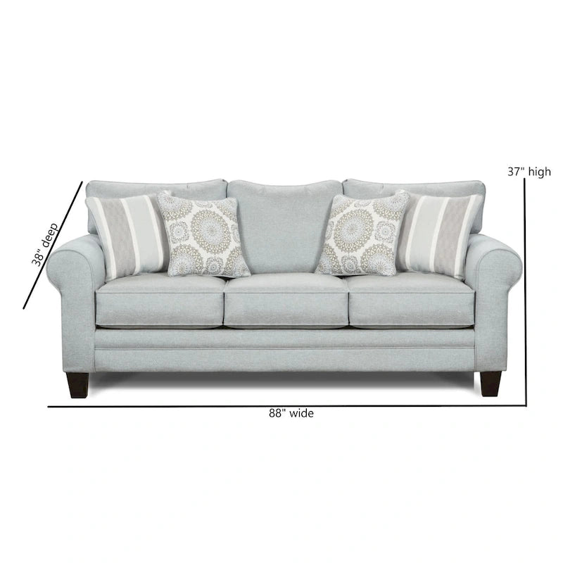 224 cm breites hellblau-graues Sofa mit abgerundeten Armlehnen und wendbaren Sitzkissen