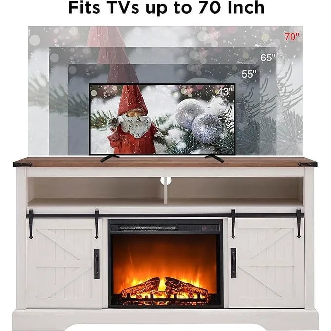 60-Inch Farmhouse Electric Fireplace TV Stand with Barn Doors