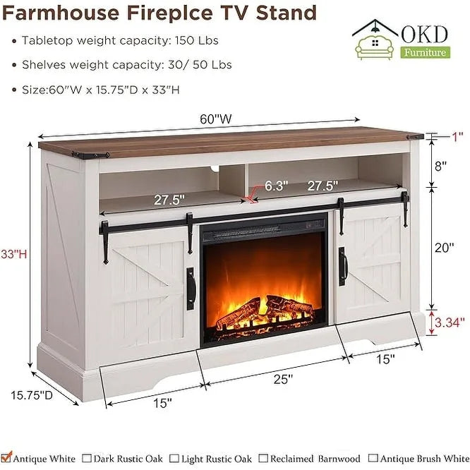60-Inch Farmhouse Electric Fireplace TV Stand with Barn Doors