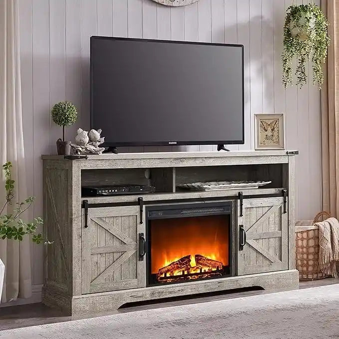 60-Inch Farmhouse Electric Fireplace TV Stand with Barn Doors