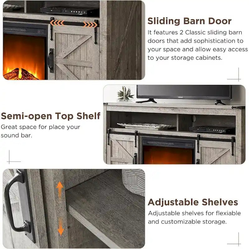 60-Inch Farmhouse Electric Fireplace TV Stand with Barn Doors