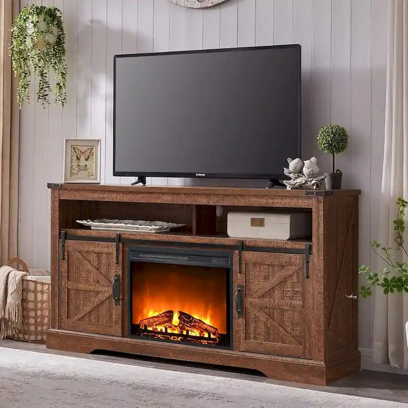 60-Inch Farmhouse Electric Fireplace TV Stand with Barn Doors
