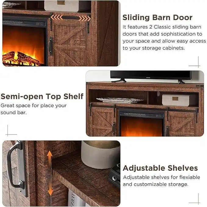 60-Inch Farmhouse Electric Fireplace TV Stand with Barn Doors