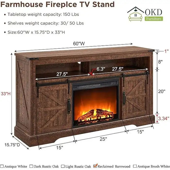 60-Inch Farmhouse Electric Fireplace TV Stand with Barn Doors