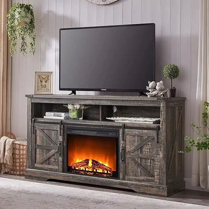 60-Inch Farmhouse Electric Fireplace TV Stand with Barn Doors