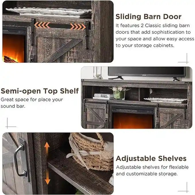 60-Inch Farmhouse Electric Fireplace TV Stand with Barn Doors