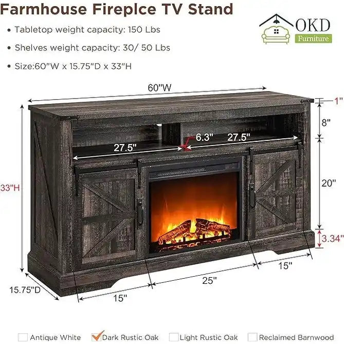 60-Inch Farmhouse Electric Fireplace TV Stand with Barn Doors