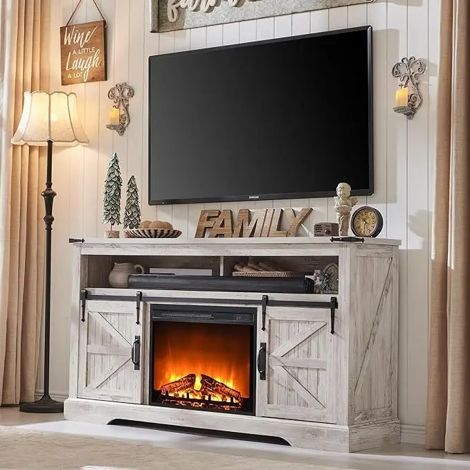 60-Inch Farmhouse Electric Fireplace TV Stand with Barn Doors