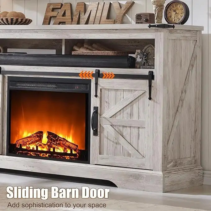 60-Inch Farmhouse Electric Fireplace TV Stand with Barn Doors
