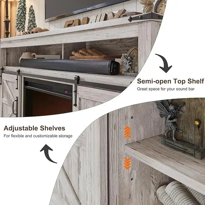 60-Inch Farmhouse Electric Fireplace TV Stand with Barn Doors