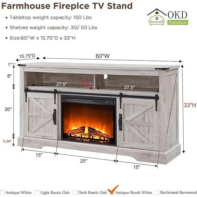 60-Inch Farmhouse Electric Fireplace TV Stand with Barn Doors