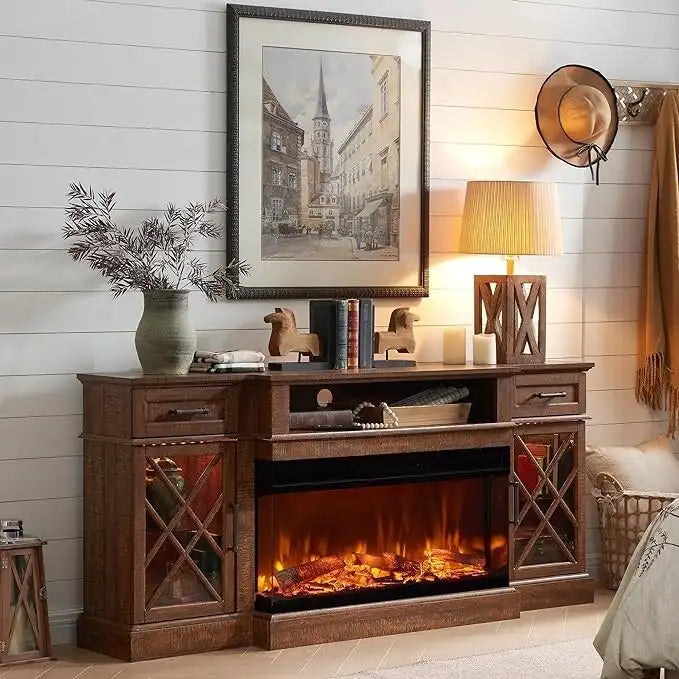 Elektrischer Kamin-TV-Ständer im Landhausstil mit dreiseitigem Kamin, Entertainment-Center