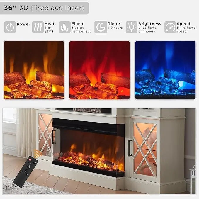 Elektrischer Kamin-TV-Ständer im Landhausstil mit dreiseitigem Kamin, Entertainment-Center