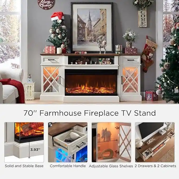 Elektrischer Kamin-TV-Ständer im Landhausstil mit dreiseitigem Kamin, Entertainment-Center