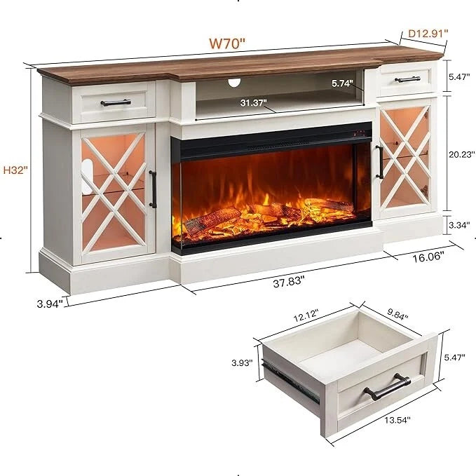 Elektrischer Kamin-TV-Ständer im Landhausstil mit dreiseitigem Kamin, Entertainment-Center