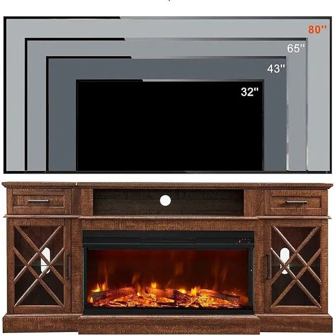 Elektrischer Kamin-TV-Ständer im Landhausstil mit dreiseitigem Kamin, Entertainment-Center