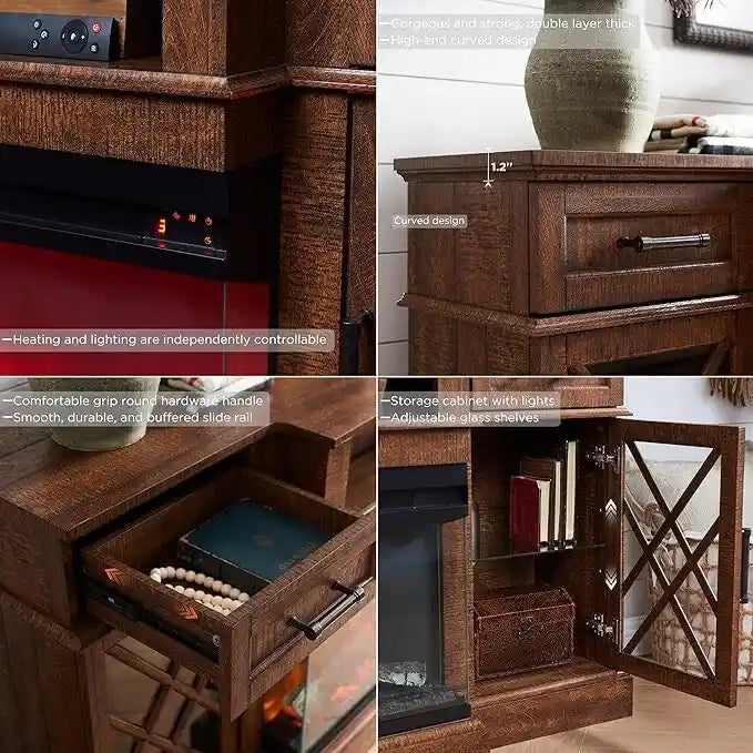 Elektrischer Kamin-TV-Ständer im Landhausstil mit dreiseitigem Kamin, Entertainment-Center