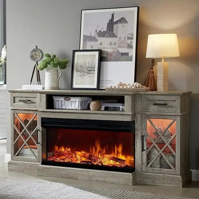Elektrischer Kamin-TV-Ständer im Landhausstil mit dreiseitigem Kamin, Entertainment-Center