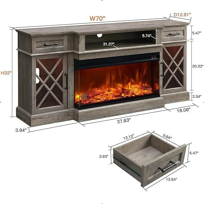 Elektrischer Kamin-TV-Ständer im Landhausstil mit dreiseitigem Kamin, Entertainment-Center