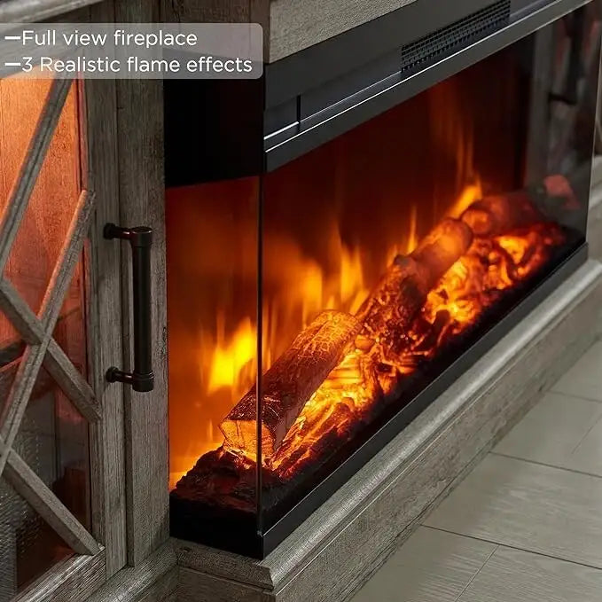 Elektrischer Kamin-TV-Ständer im Landhausstil mit dreiseitigem Kamin, Entertainment-Center