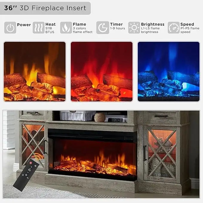 Elektrischer Kamin-TV-Ständer im Landhausstil mit dreiseitigem Kamin, Entertainment-Center