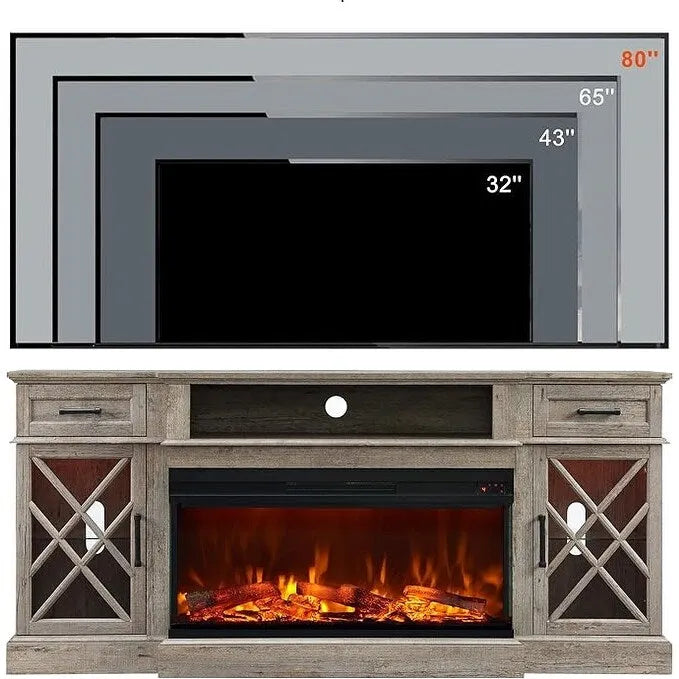 Elektrischer Kamin-TV-Ständer im Landhausstil mit dreiseitigem Kamin, Entertainment-Center