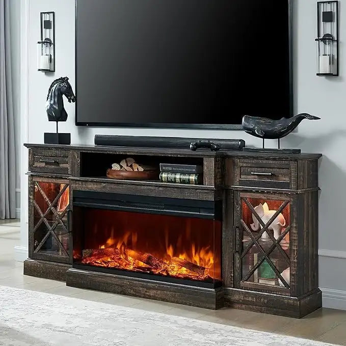 Elektrischer Kamin-TV-Ständer im Landhausstil mit dreiseitigem Kamin, Entertainment-Center