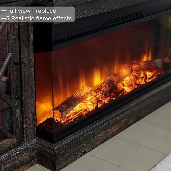 Elektrischer Kamin-TV-Ständer im Landhausstil mit dreiseitigem Kamin, Entertainment-Center