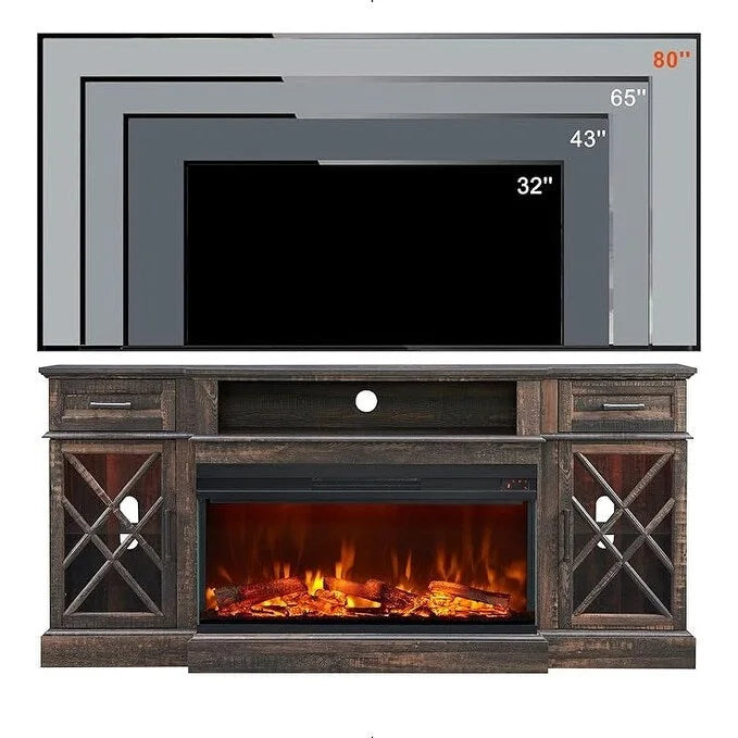 Elektrischer Kamin-TV-Ständer im Landhausstil mit dreiseitigem Kamin, Entertainment-Center