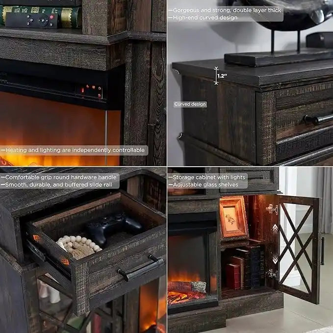 Elektrischer Kamin-TV-Ständer im Landhausstil mit dreiseitigem Kamin, Entertainment-Center