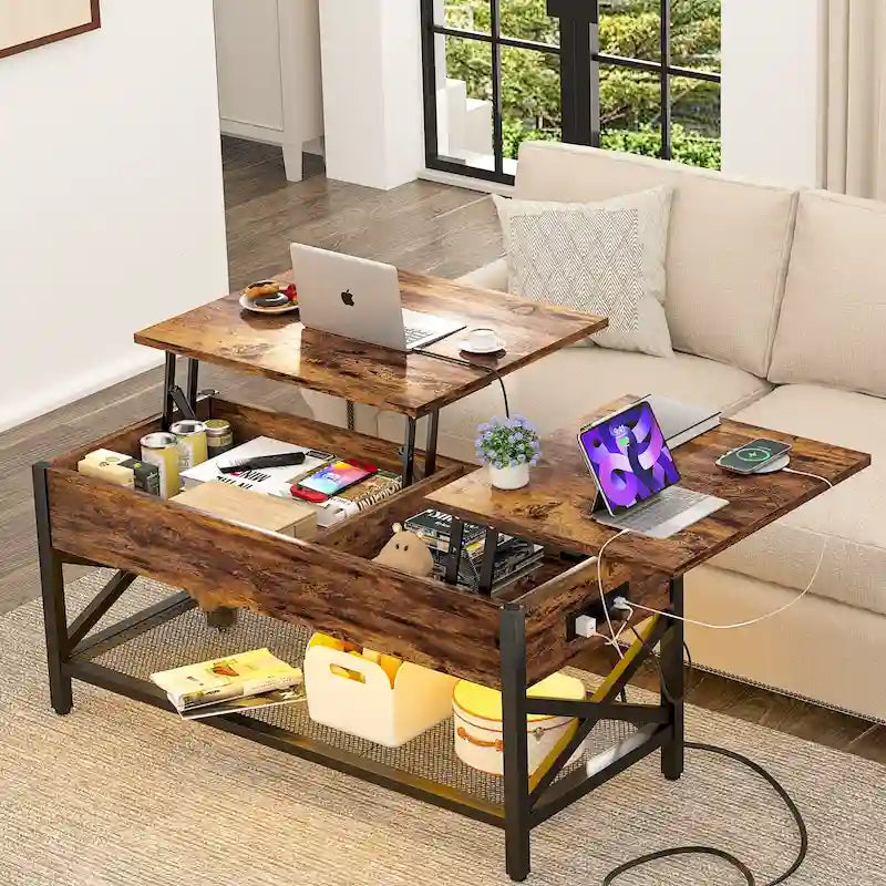 Dual Lift-Top Coffee Table with Storage, USB Ports and LED Lights