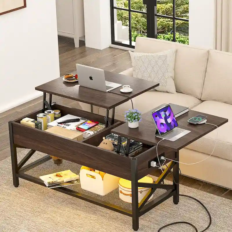 Dual Lift-Top Coffee Table with Storage, USB Ports and LED Lights