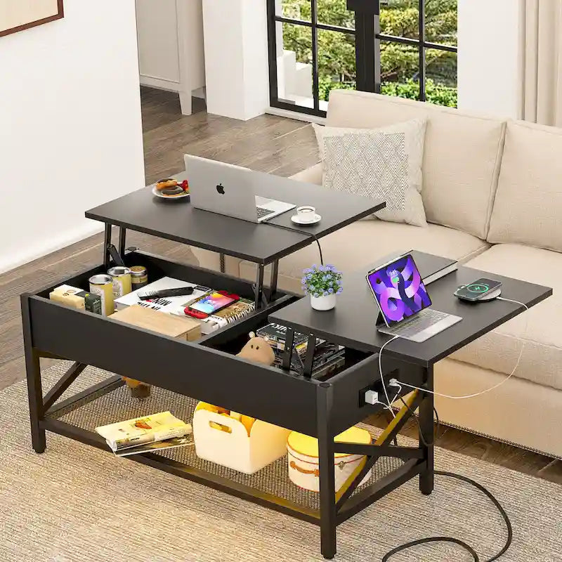 Modern Farmhouse Lift Top Coffee Table with USB Port and LED light, Living Room Accent Table