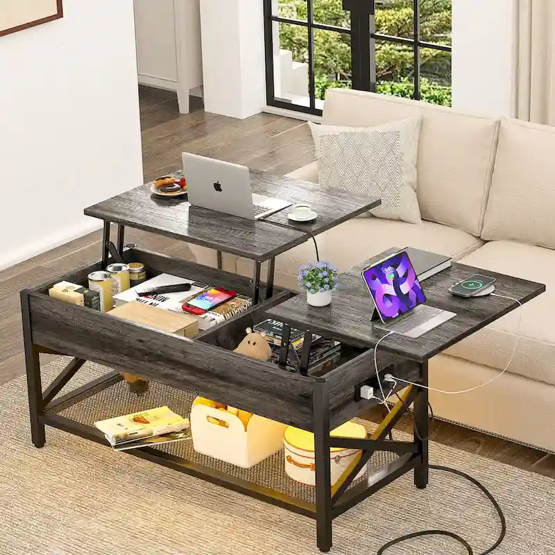 Dual Lift-Top Coffee Table with Storage, USB Ports and LED Lights