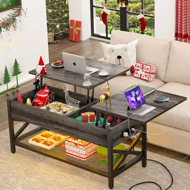 Couchtisch mit zwei Hubplatten, Stauraum, USB-Anschlüssen und LED-Leuchten