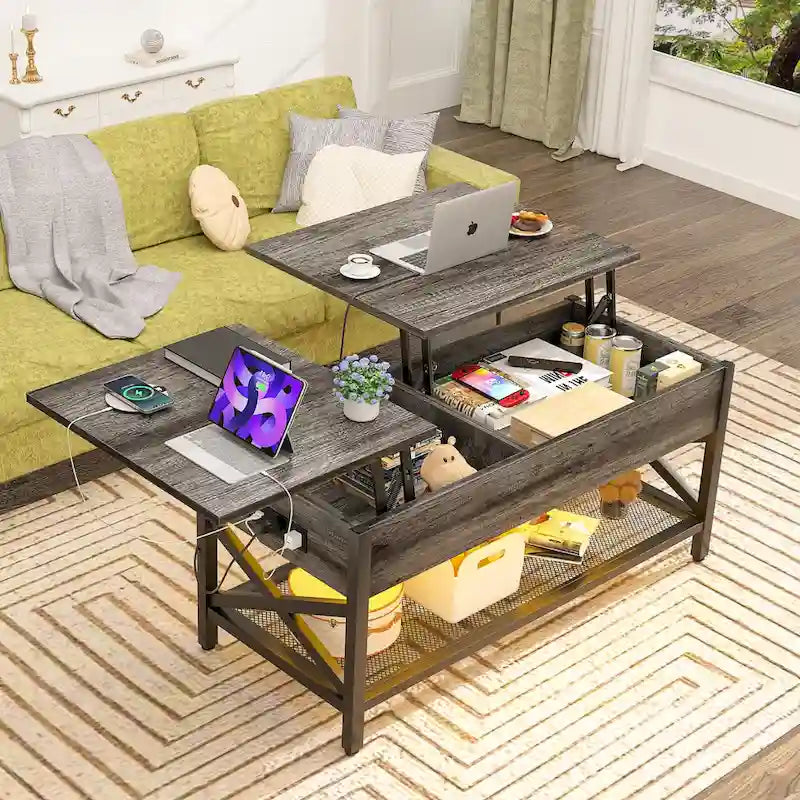 Dual Lift-Top Coffee Table with Storage, USB Ports and LED Lights