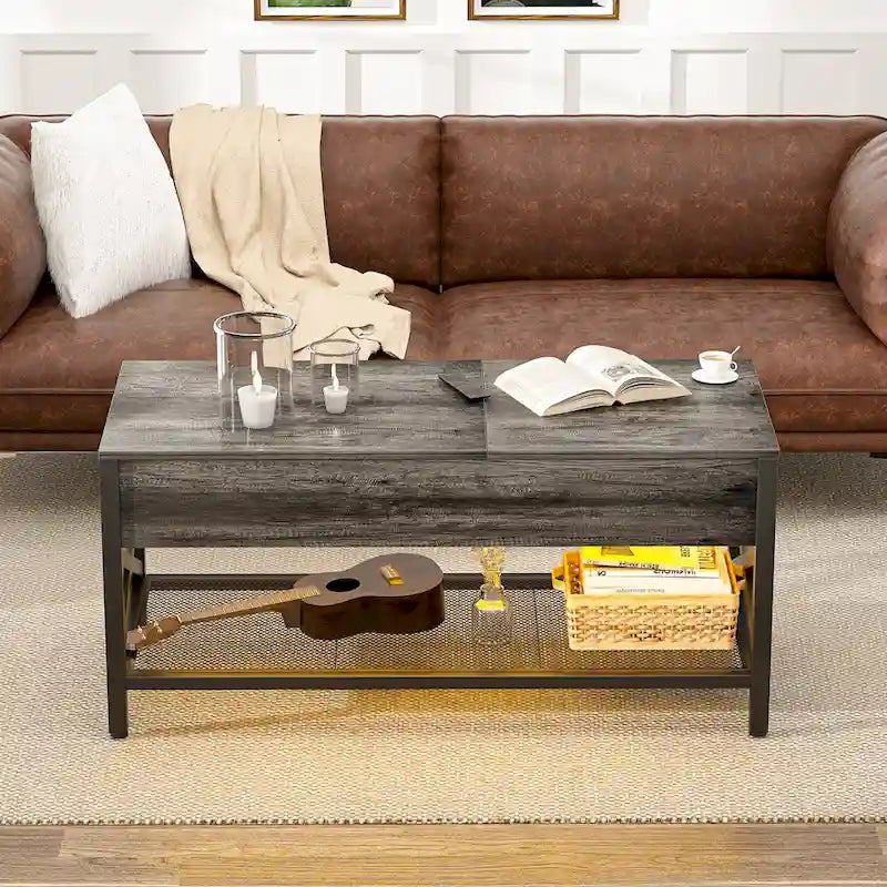 Dual Lift-Top Coffee Table with Storage, USB Ports and LED Lights