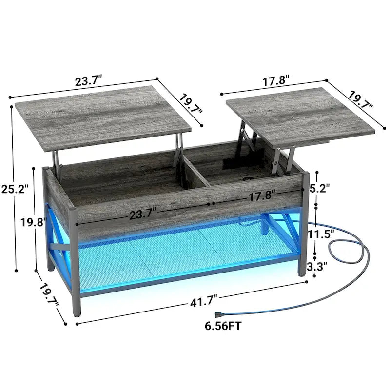 Couchtisch mit zwei Hubplatten, Stauraum, USB-Anschlüssen und LED-Leuchten