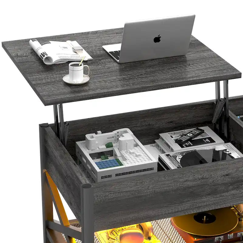 Couchtisch mit zwei Hubplatten, Stauraum, USB-Anschlüssen und LED-Leuchten